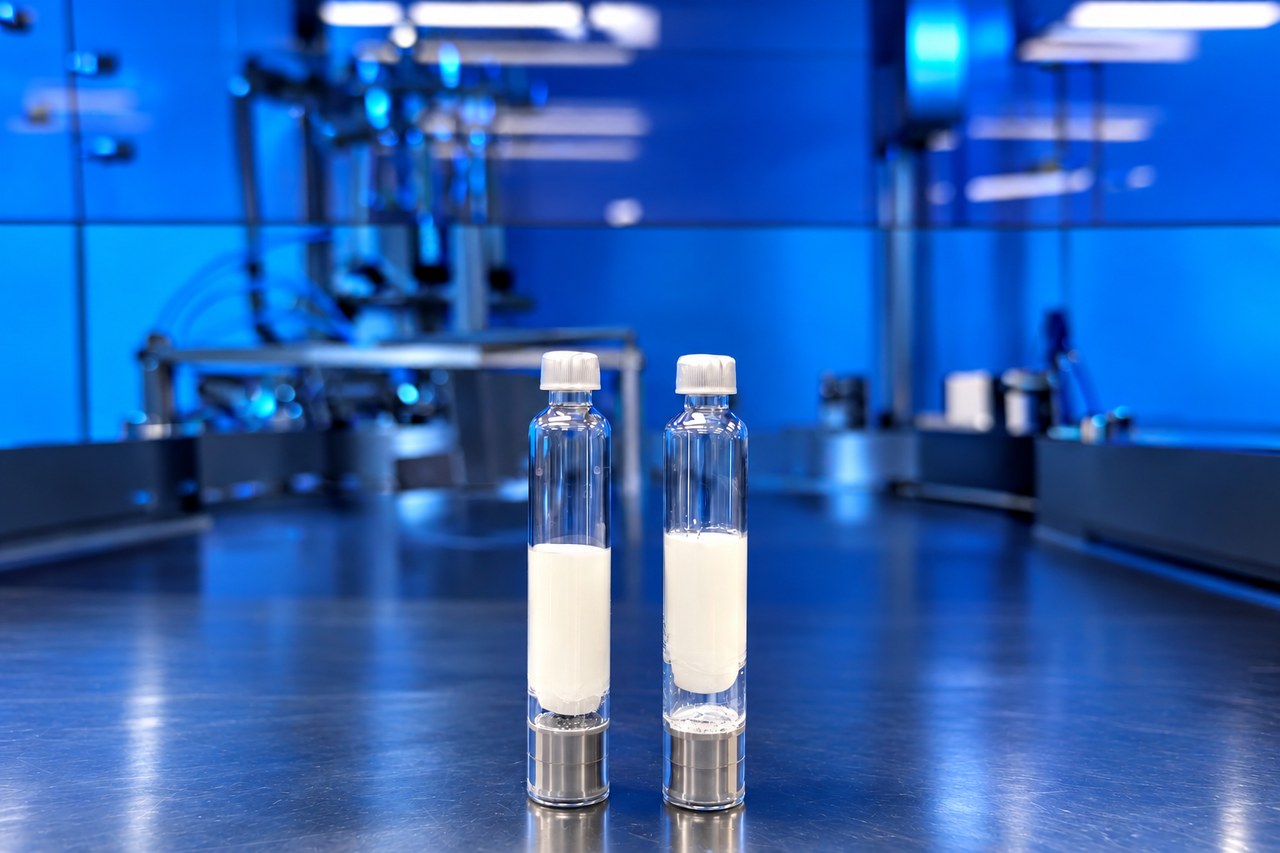 Peptide vials inside a blue-lit cleanroom filling line